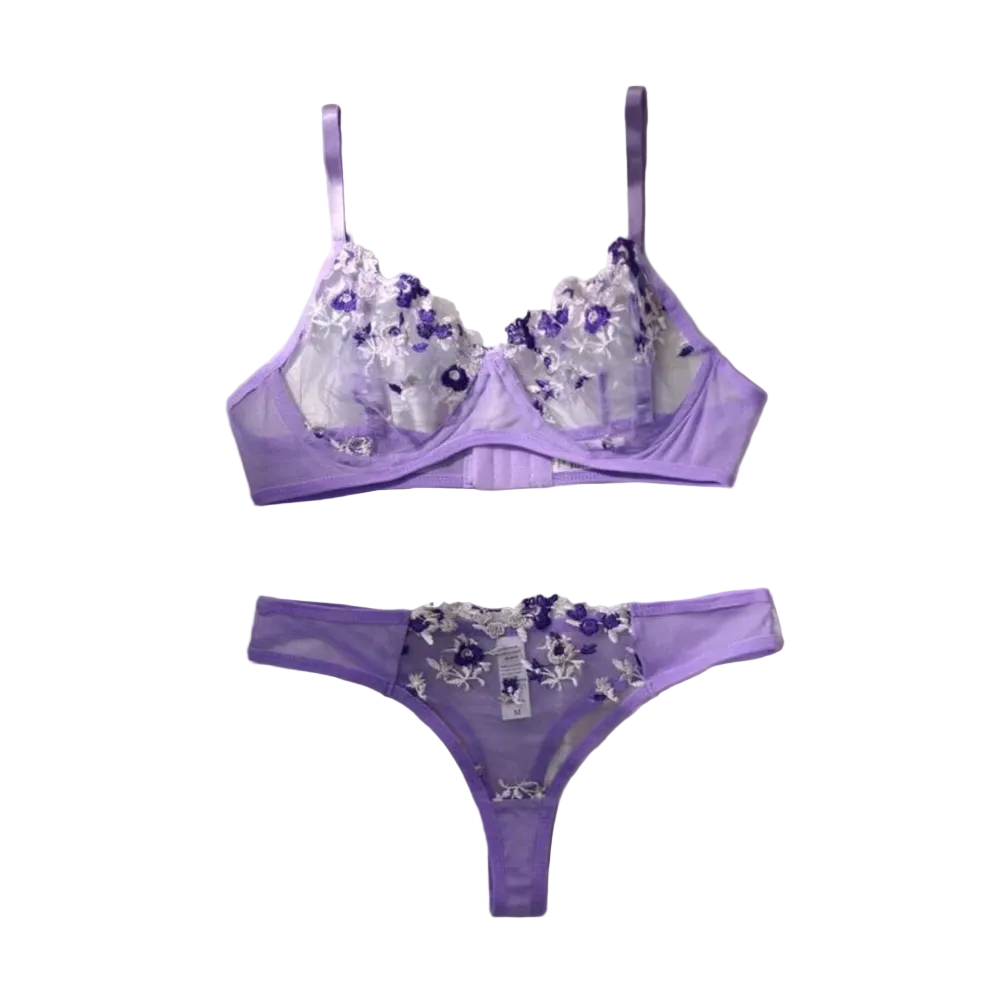 House Of Dasein Women's Intimates Sweet And Sexy Low Waist Floral Embroidery Mesh Transparent Lingerie Two-Piece Set - Purple - M