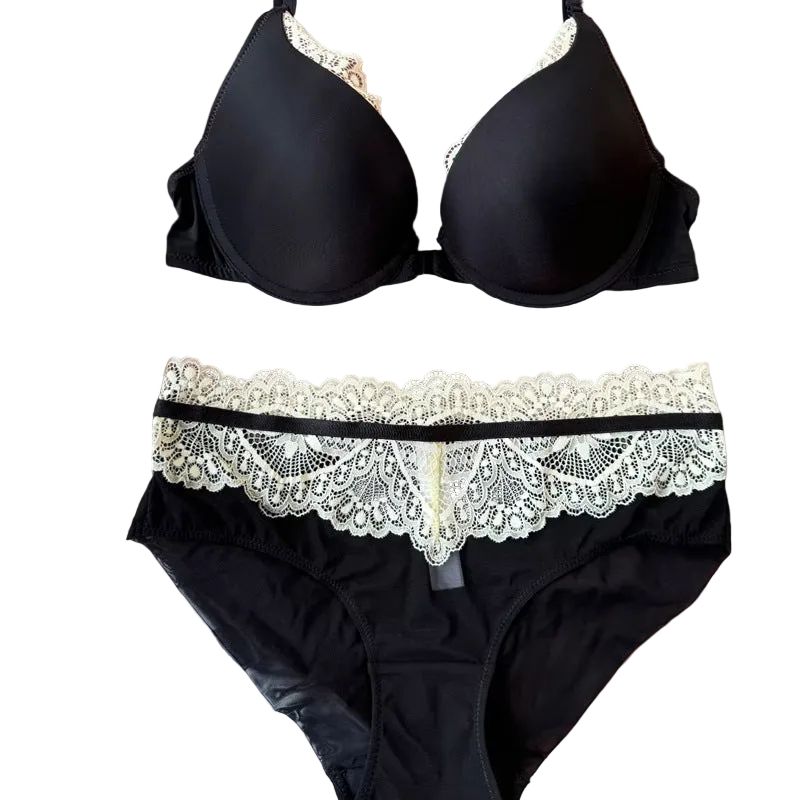 Sexy Women's Underwear Front Closure Backless Small Chest Gathering Bra Anti-Sagging Plus Size Lace Set - Black - Xl