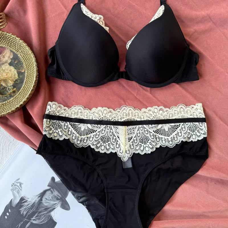 Sexy Women's Underwear Front Closure Backless Small Chest Gathering Bra Anti-Sagging Plus Size Lace Set - Black - S