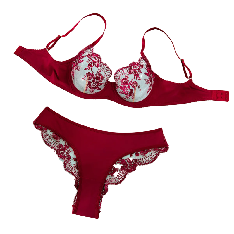 Sexy Embroidered Bra Underwear Ultra Thin Mesh Splicing Large Chest Minimizer Women's Transparent Two Piece Set - Wine Red - L