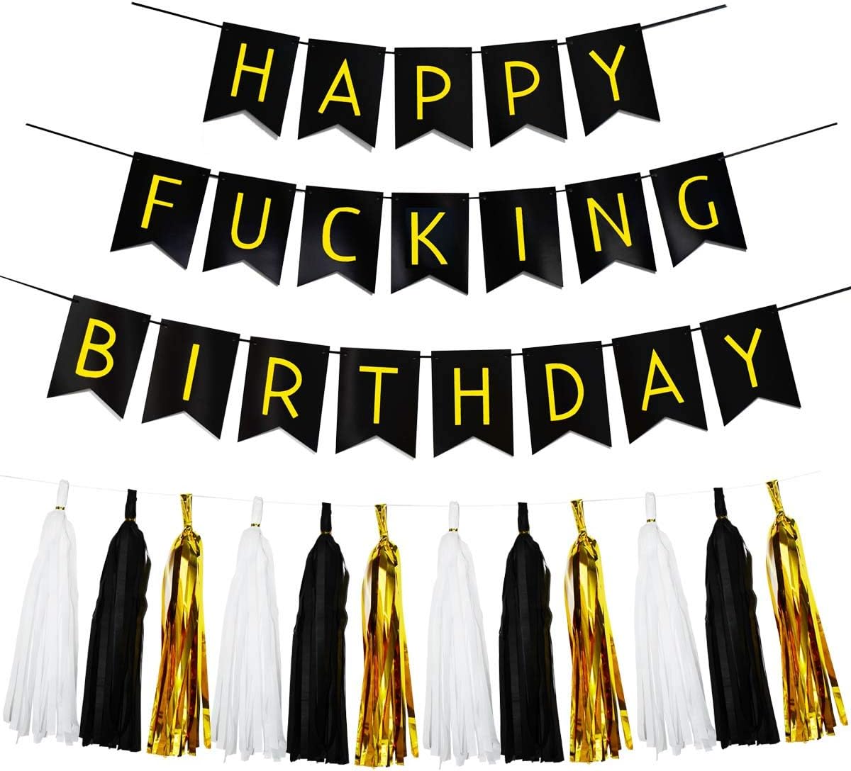 Black & White Gold Tissue Paper Tassels Garland Happy Birthday Banner - Funny 30th, 40th, 50th Party Decorations