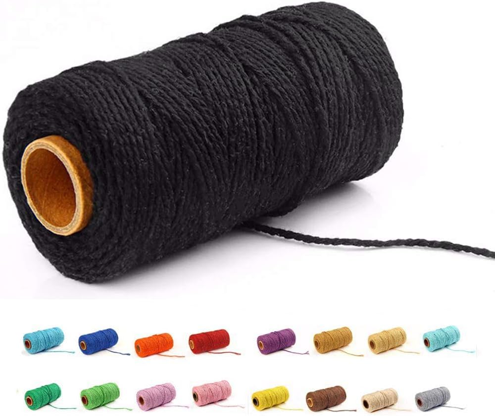 (109 Yards/1.5mm/35 Colors Optional) Macrame Cord Craft Macramé Cotton Baker Twine Craft Making Knitting Cord Rope DIY Wedding Decor Supply Christmas Wrapping String Rope (Black)