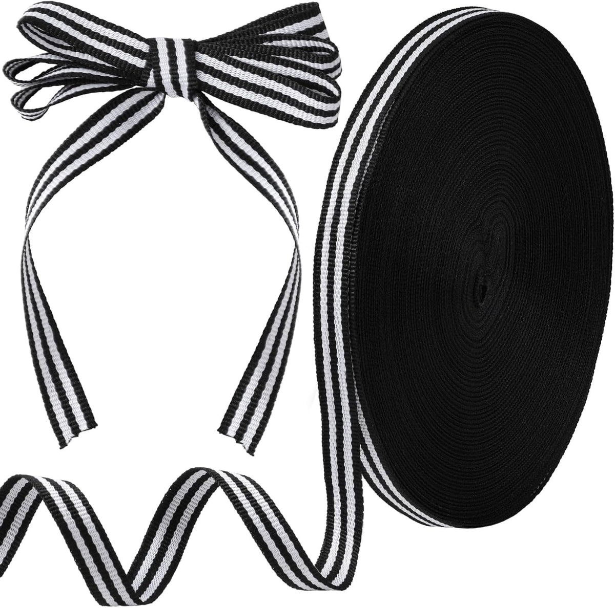 54.68 Yards Black and White Striped Ribbon, 0.39 Inch Wide Grosgrain Stripe Ribbons Fabric, Polyester Fabric Embellishments for Wrapping Wedding Birthday Decor DIY Crafts