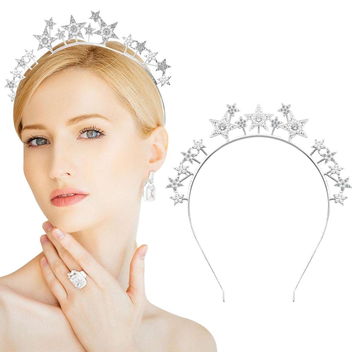 Star Halo Crown Silver Headpiece, Rhinestone Headband Tiaras and Crowns for Women and Girls, Party Wedding Festival Hair Accessories