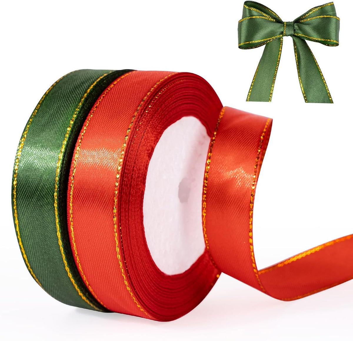 Christmas Ribbon 3/4 Inch x 50 Yards Gift Ribbon, Red and Green Polyester Satin Ribbon with Gold Edge for Holiday Present Package, Wedding Gift Wrapping, Handmade Crafts, Xmas Decoration