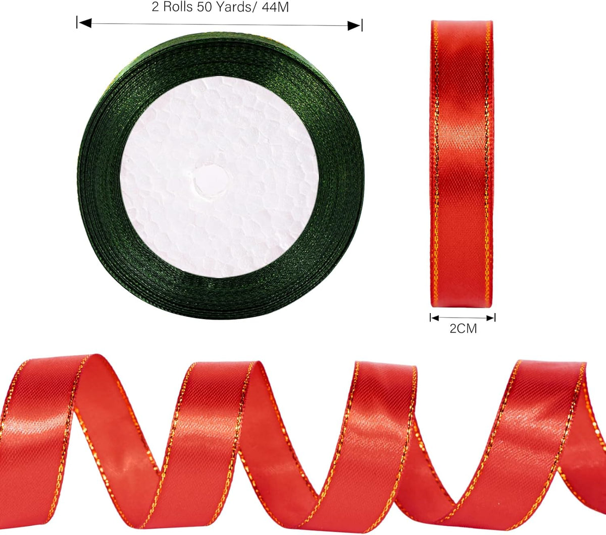 Christmas Ribbon 3/4 Inch x 50 Yards Gift Ribbon, Red and Green Polyester Satin Ribbon with Gold Edge for Holiday Present Package, Wedding Gift Wrapping, Handmade Crafts, Xmas Decoration