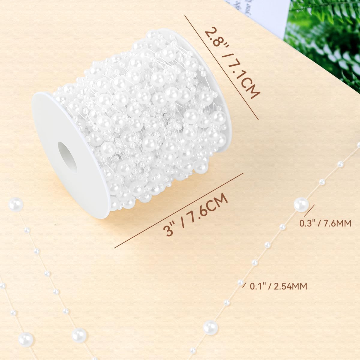100 Feet Faux Pearls String Beads Fishing Line Artificial Decoration Pearl Strand Roll Beaded for Wedding Valentine Decoration DIY Accessories Party Supplies (White)