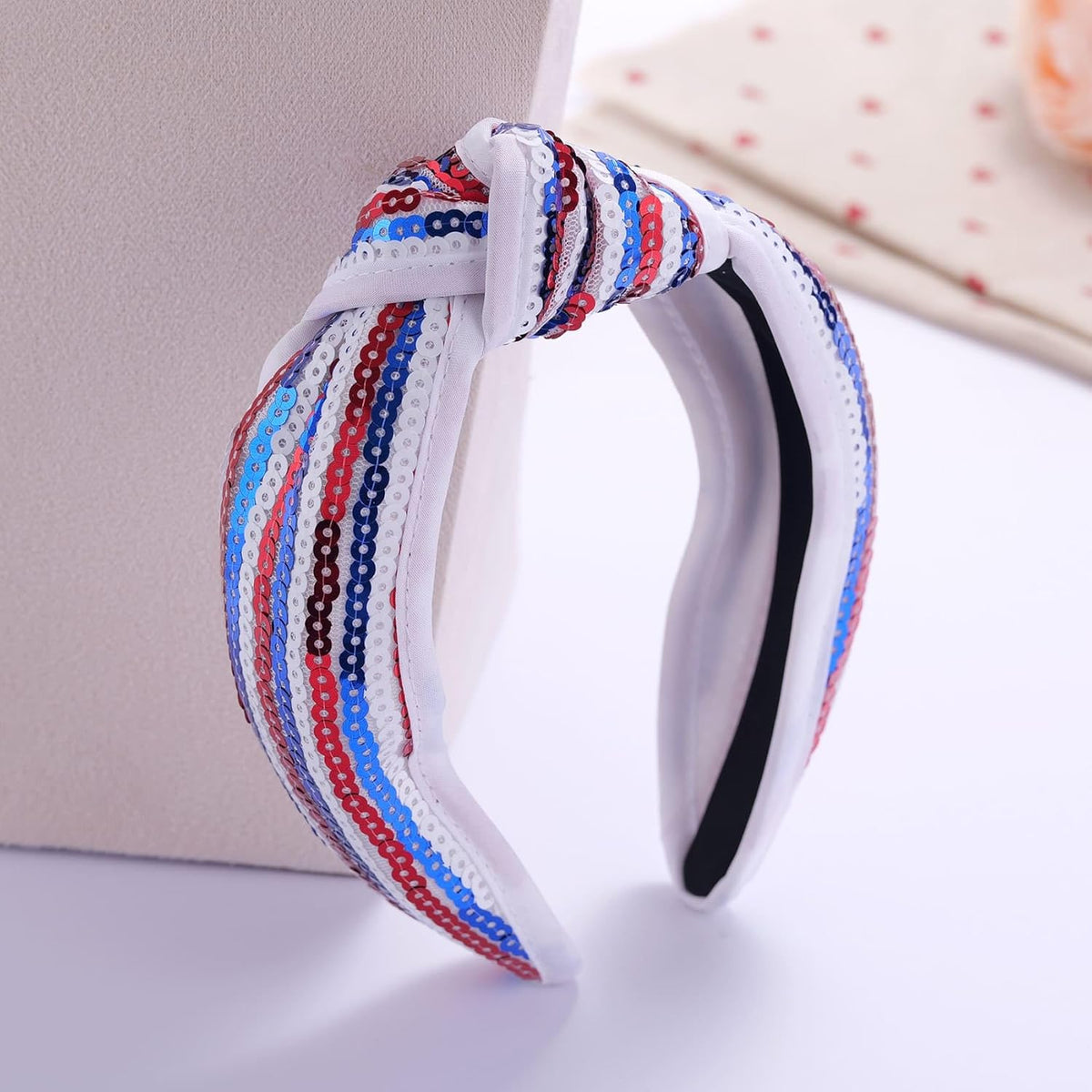 Kvekstio 4th of July Patriotic Headband for Women, Red White Blue American Flag Sequin Knotted Head Band Memorial Day Celebration Gift, Independence Day Festival Party USA Costume Hair Accessories