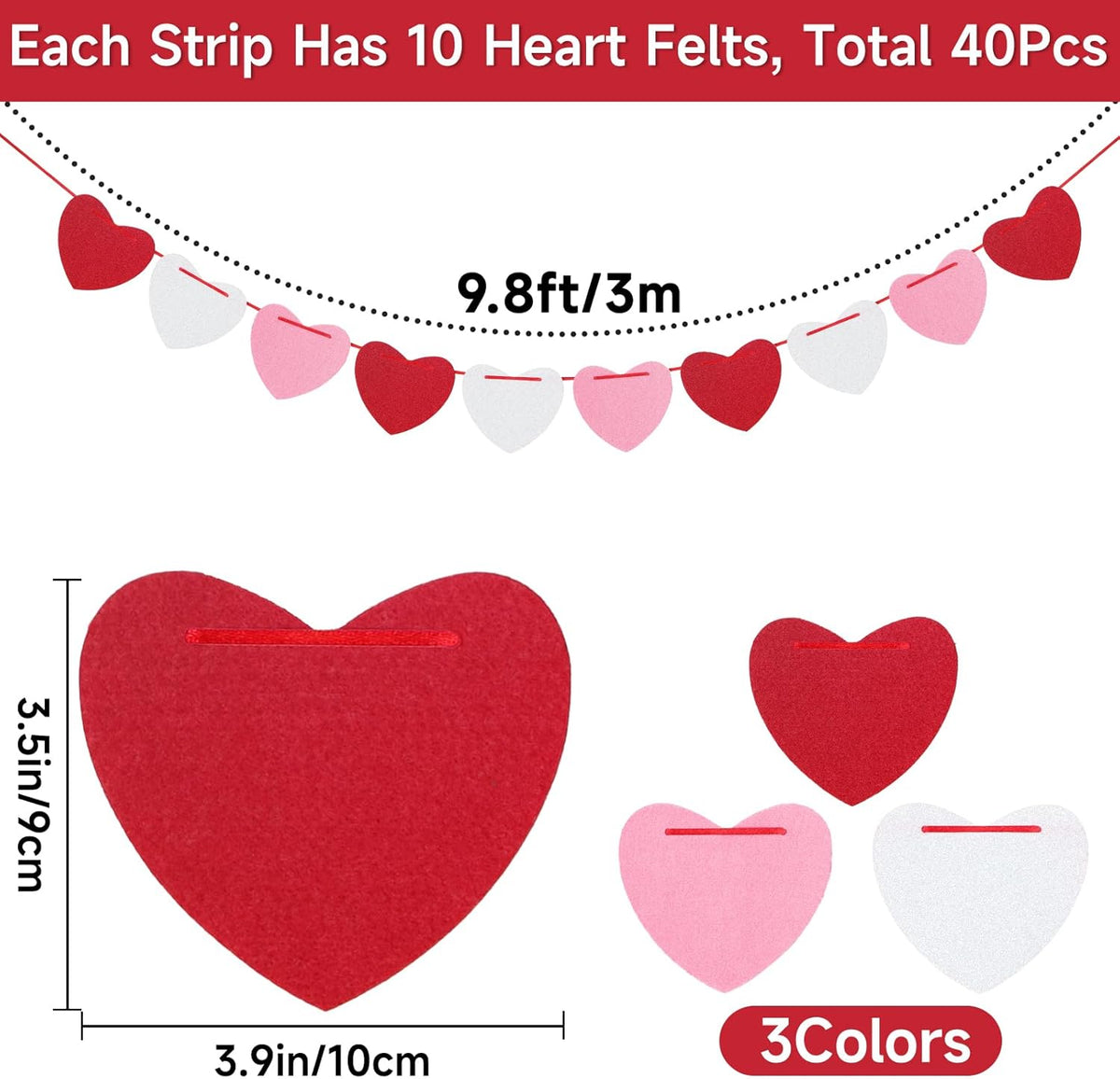 4Pack Heart Felt Garland - NO DIY Happy Valentines Day Decoration Red Pink White Felt Heart Hanging Garland Banner Galentines Day Decoration for Anniversary Birthday Wedding Party Decorations