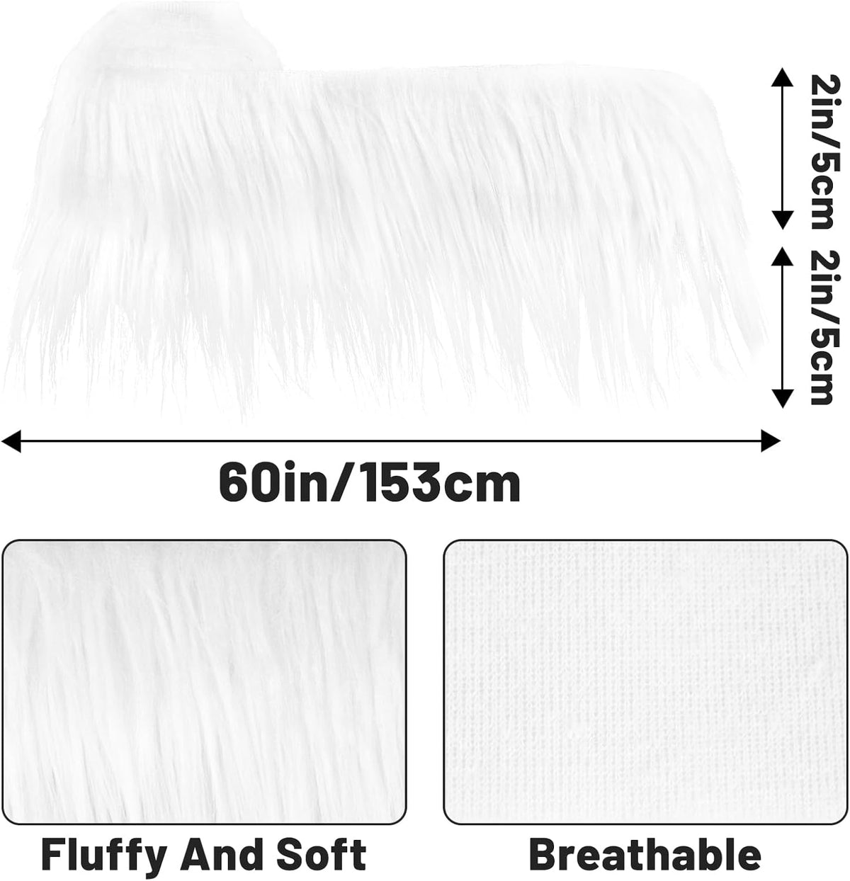 Shaggy Plush Faux Fur Fabric 2x60Inch White Faux Fur Trim by The Yard Precut Strip Fluffy Fuzzy Christmas Craft Furs Ribbon for Christmas Tree Decor Wreath Santa Hair Dwarf Cosplay Costume Sock