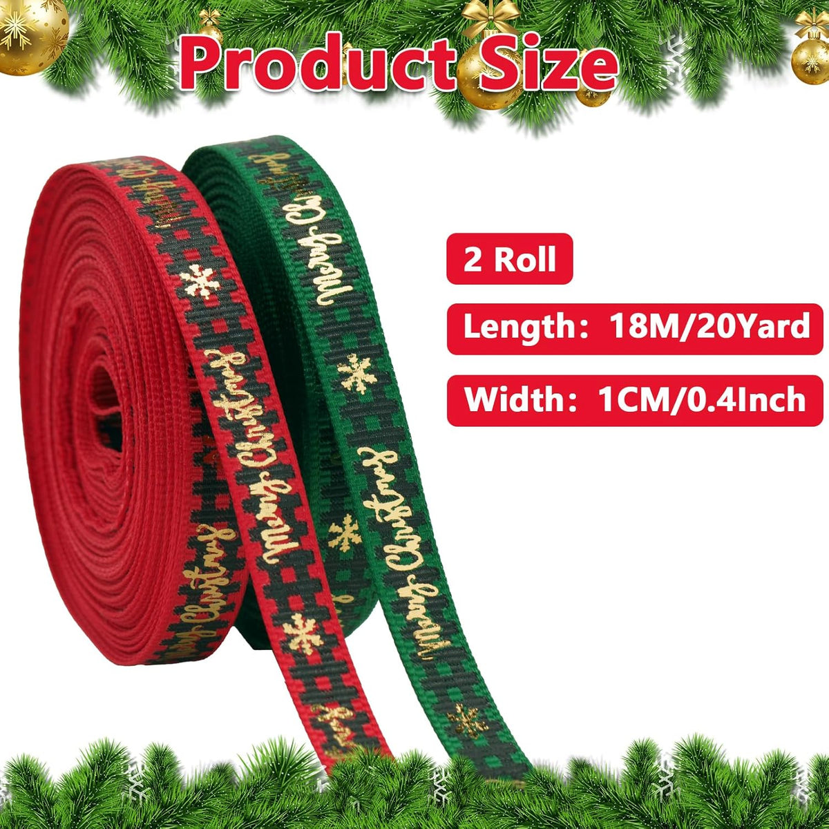 Christmas Ribbon, 3/8 Inch, 20 Yard, Red and Green Merry Wrapping Ribbon for Craft Wreath Decor Bow Flower Bouquet (2 Roll)
