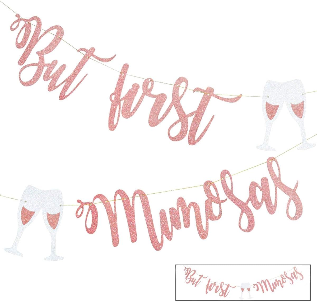 Mimosa Bar Sign But First Mimosas Rose Gold Banner, Decorations for Bridal Shower Baby Bachelorette Party Engagement Wedding Graduation Fiesta Bubbly Champagne Brunch Birthday Rosegold