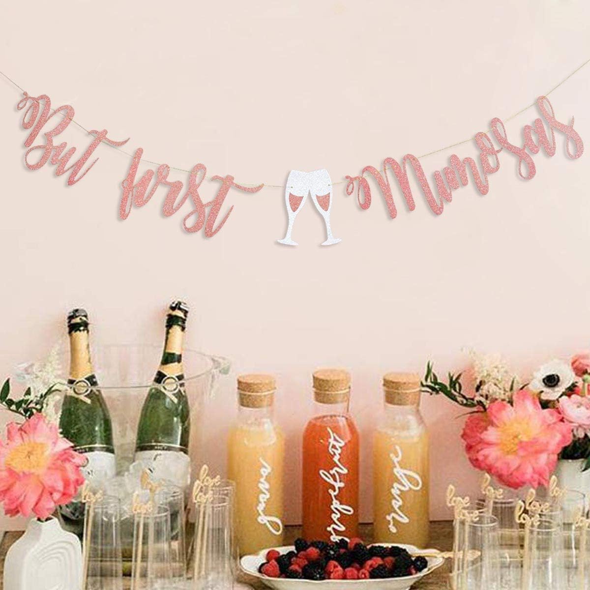Mimosa Bar Sign But First Mimosas Rose Gold Banner, Decorations for Bridal Shower Baby Bachelorette Party Engagement Wedding Graduation Fiesta Bubbly Champagne Brunch Birthday Rosegold