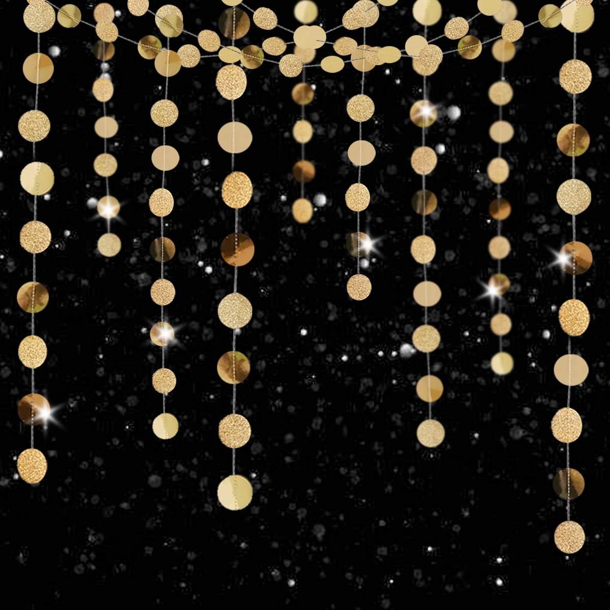 6 Pcs Glitter Champagne Gold Paper Circle Dots Garland (52 Feet) Party Hanging Bunting Birthday Decorations Engagement Bridal Shower Wedding Baby Christmas Supplies Photo Backdrop