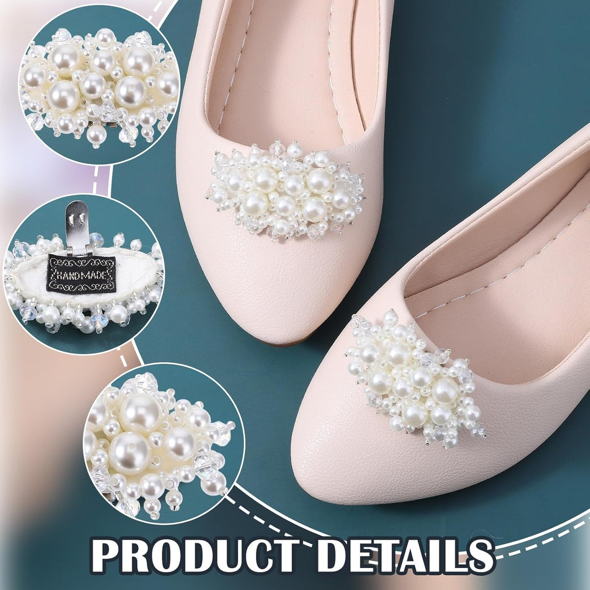 2Pcs Pearl Flower Shoe Clips for Women Dress Shoes, 1.57 x 2.76" White Bridal Wedding Floral Shoes Clips Charms with Crystal Beads Detachable Flower Shoe Buckle Clip for Heels DIY Embellishment