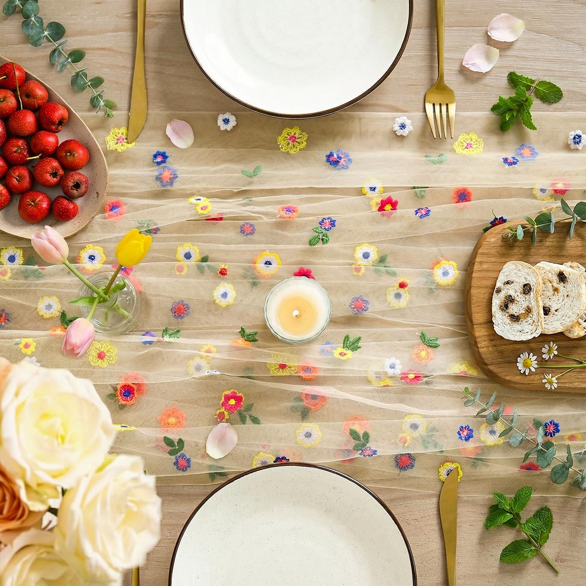 Champagne Embroidery Daisy Gauze Table Runner 120 Inch 10FT, Seasonal Sheer Kitchen Dining Holiday Wedding Birthday Table Decor for Home Party