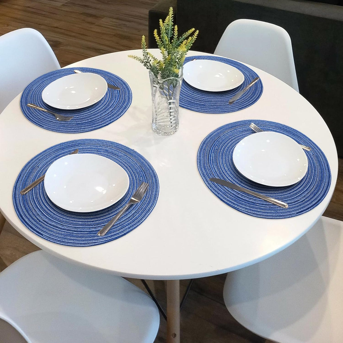 Round Braided Placemats 15inch, Placemats Set of 4 Non-Slip, Round Placemats Heat Resistant, Woven Placemats for Kitchen Dining Tables-Dark Blue Color