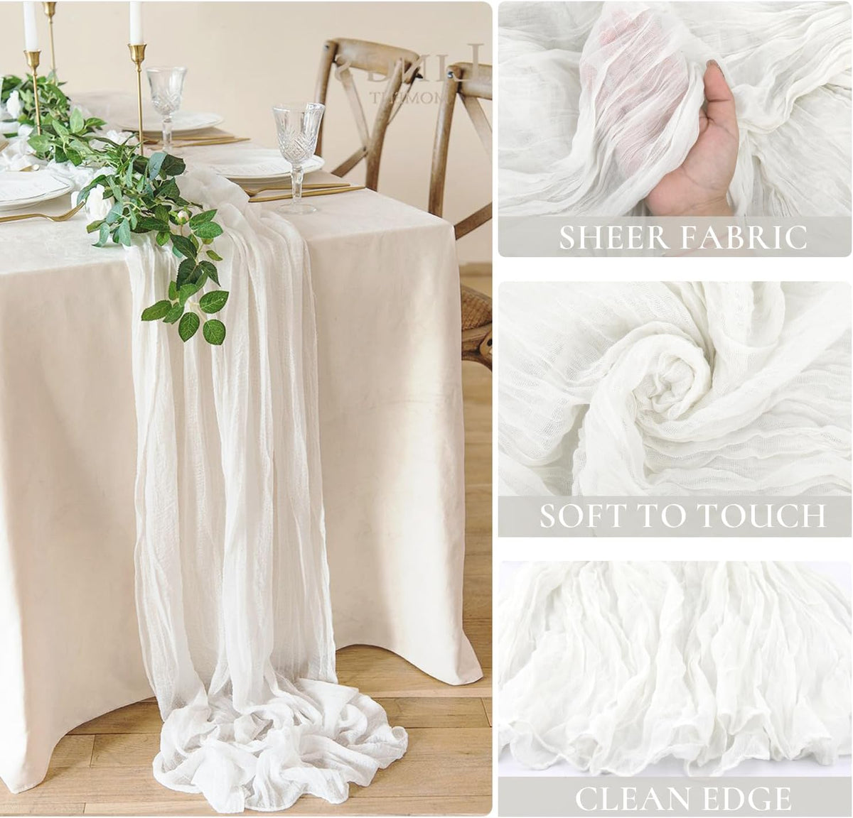 White Cheesecloth Table Runner 10FT Long Boho Gauze Table Runner Rustic Sheer Runner for Wedding Bridal Baby Shower Birthday Party Table Decor Decorations (35x120inch)