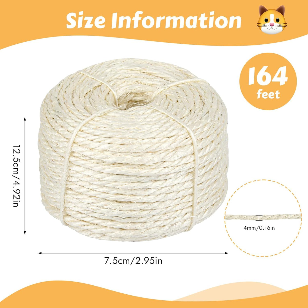 164 Feet Sisal Rope for Cat Scratching Post, 1/6 Inch Natural Cat Tree Rope, DIY Hemp Twine Rope for Repairing, Recovering Scratch Post Cats Tree Tower Replacement (White)