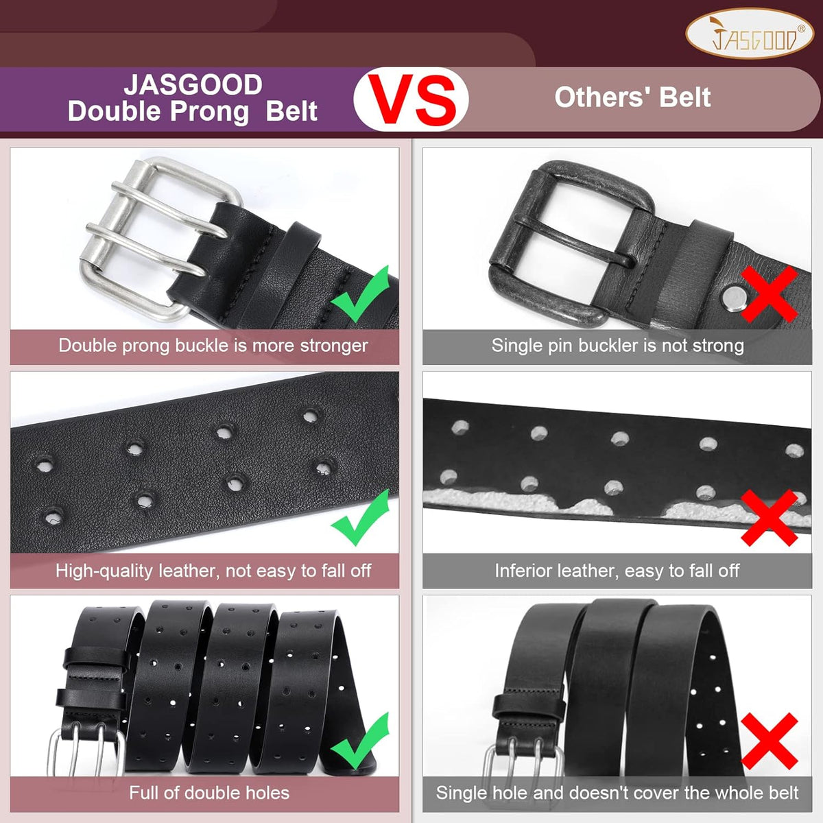 Men Double Prong PU Leather Belt Casual Work Heavy Duty Belt Double Grommet Holes Belt for Jeans