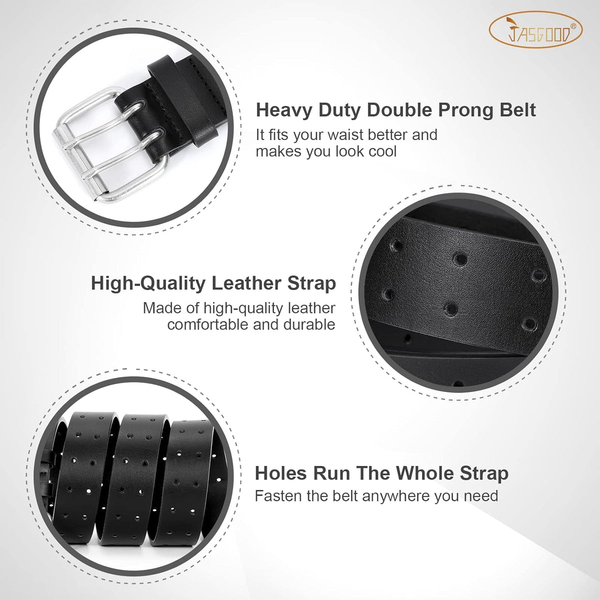 Men Double Prong PU Leather Belt Casual Work Heavy Duty Belt Double Grommet Holes Belt for Jeans
