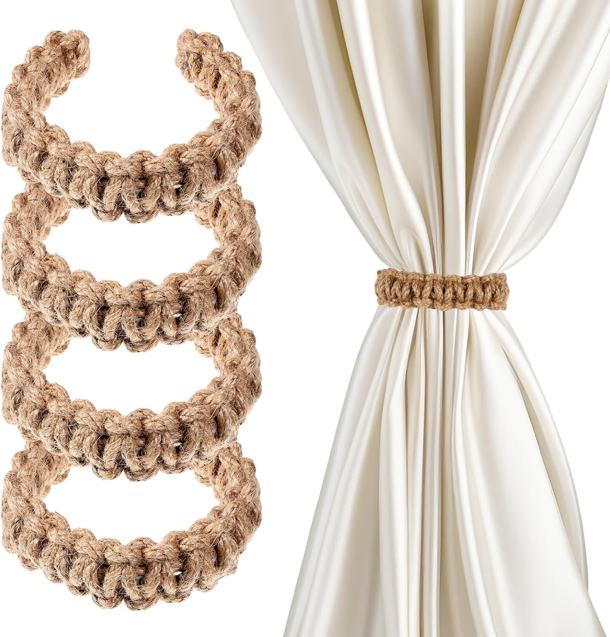 4 Pack Braided Curtain Tiebacks Boho Elegant Rustic Curtain Holdbacks Tie Backs Holders Set Simple Light Weight Drapes Decorative Accessories Handmade for Home Office Bedroom Window (4, Linen)