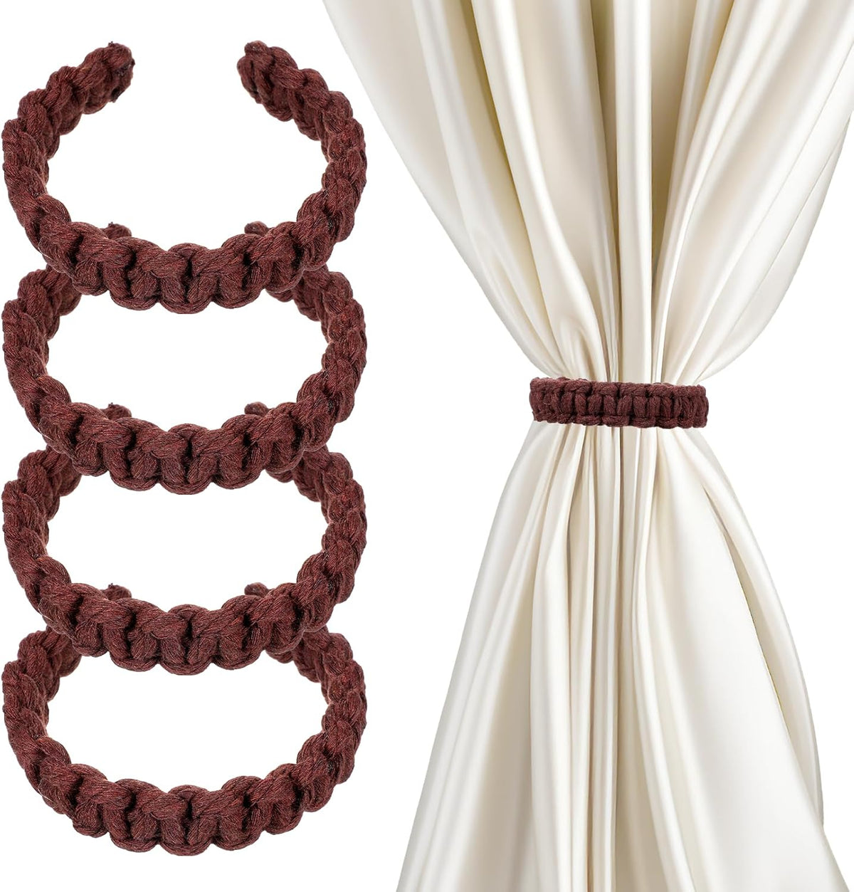 4 Pack Braided Curtain Tiebacks Boho Elegant Rustic Curtain Holdbacks Tie Backs Holders Set Simple Light Weight Drapes Decorative Accessories Handmade for Home Office Bedroom Window