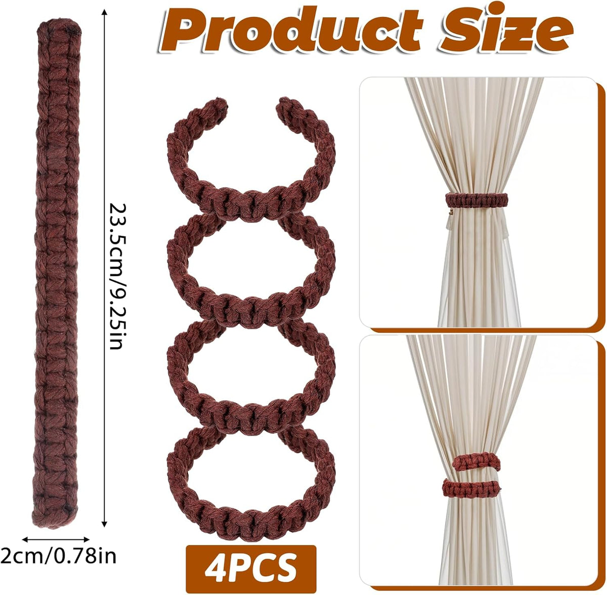 4 Pack Braided Curtain Tiebacks Boho Elegant Rustic Curtain Holdbacks Tie Backs Holders Set Simple Light Weight Drapes Decorative Accessories Handmade for Home Office Bedroom Window