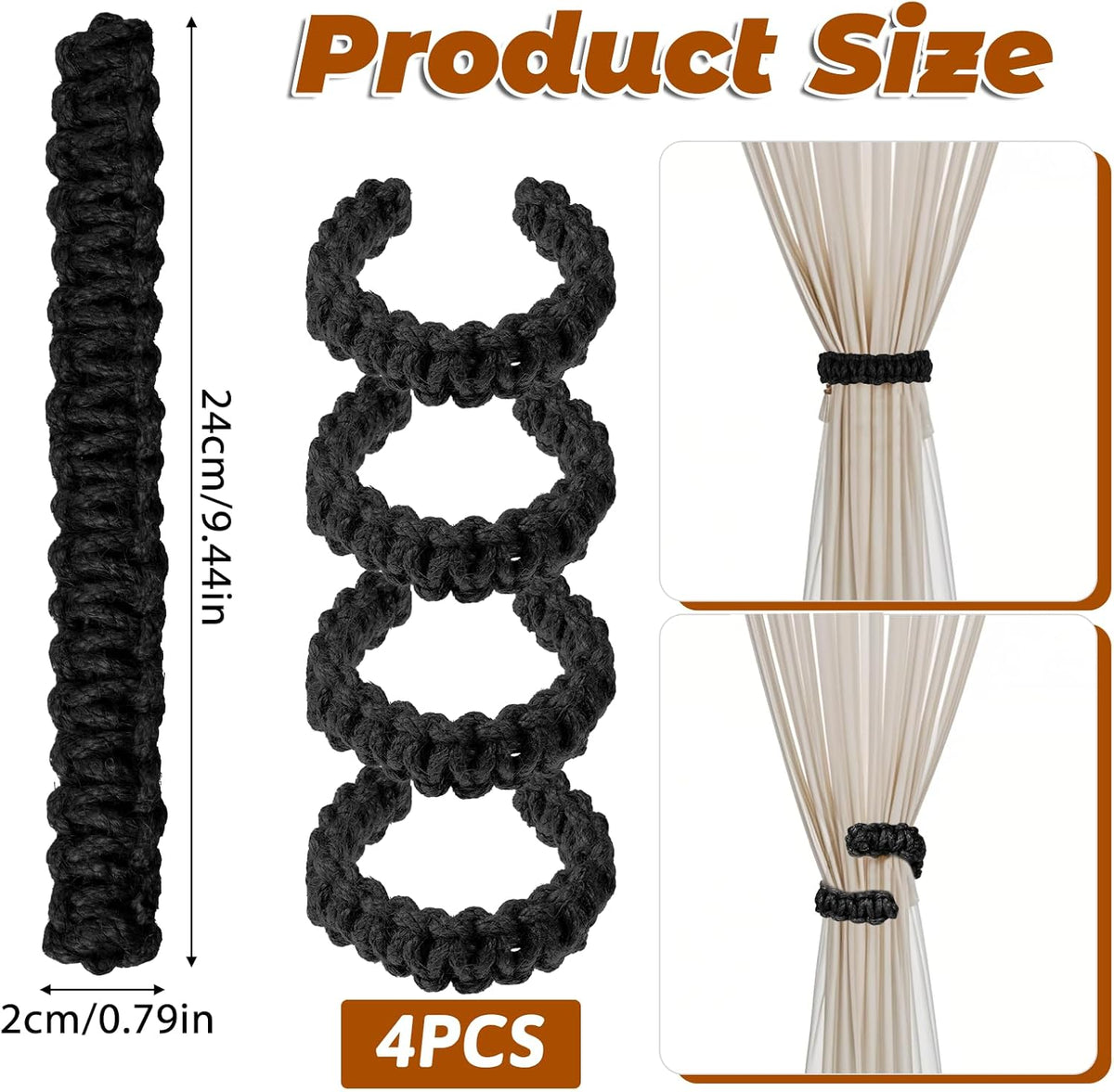 4 Pack Braided Curtain Tiebacks Boho Elegant Rustic Curtain Holdbacks Tie Backs Holders Set Simple Light Weight Drapes Decorative Accessories Handmade for Home Office Bedroom Window (4, Black)
