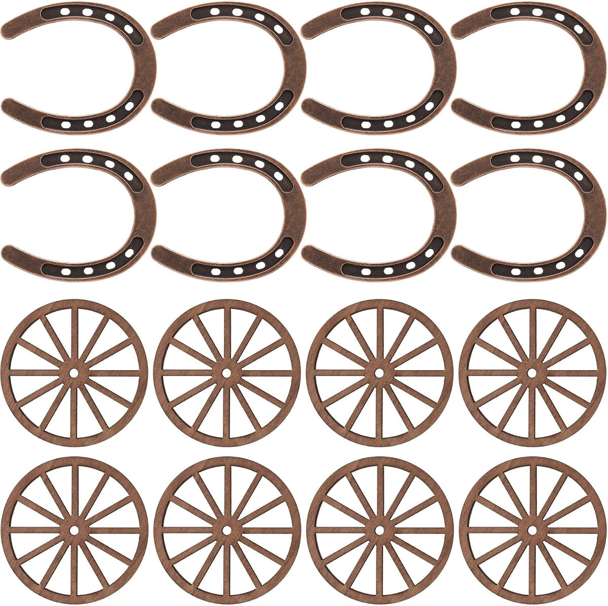 16pcs Mini Horseshoes Wagon Wheel Decor, Lucky Western Theme Party Decorations with Cordage, Vintage Wooden Wagon Wheel Metal Horse Shoes for Birthday Country Table Centerpieces - Brown