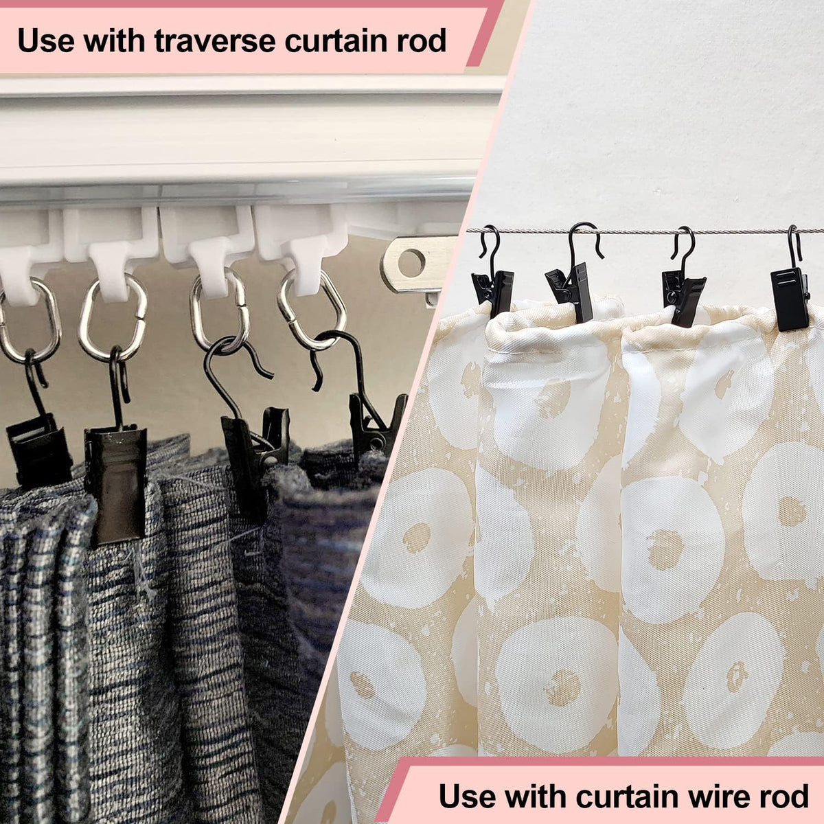 Small Curtain Clips for Hanging - 60 Pack Black Outdoor Light Clips Hooks for Christmas String Lights, Outside Hangers for Awning Patio Metal Proof, Drape Track