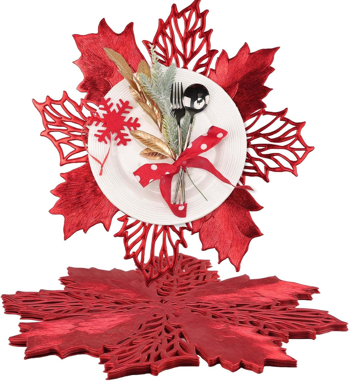 Round Vinyl Metallic Placemats Set of 6 Heat-Resistant Decorative Non-Slip 15 inches Table Mats Place Mats (red Flower)