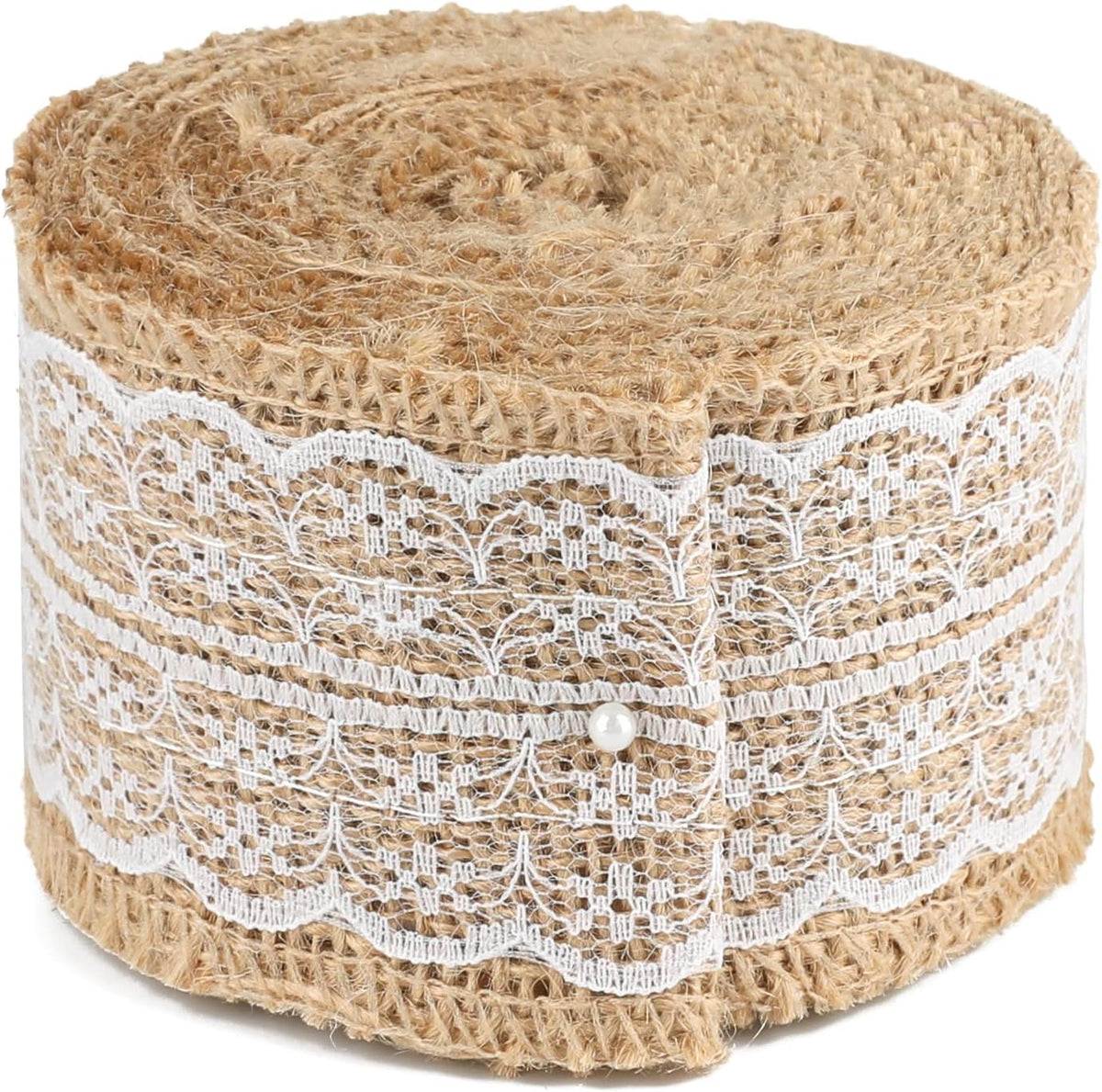 Natural Jute Burlap Ribbon Roll - 2.4Inch x 5.5Yards Rustic White Lace Burlap Ribbon Trim Tape for DIY Crafts, Bottle Decor, Wreath