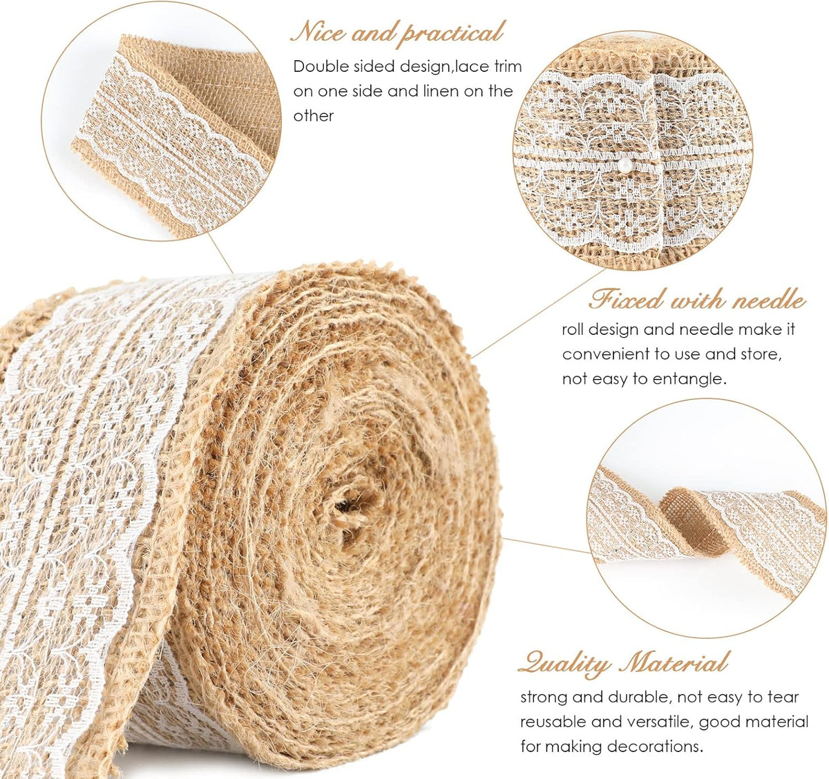 Natural Jute Burlap Ribbon Roll - 2.4Inch x 5.5Yards Rustic White Lace Burlap Ribbon Trim Tape for DIY Crafts, Bottle Decor, Wreath