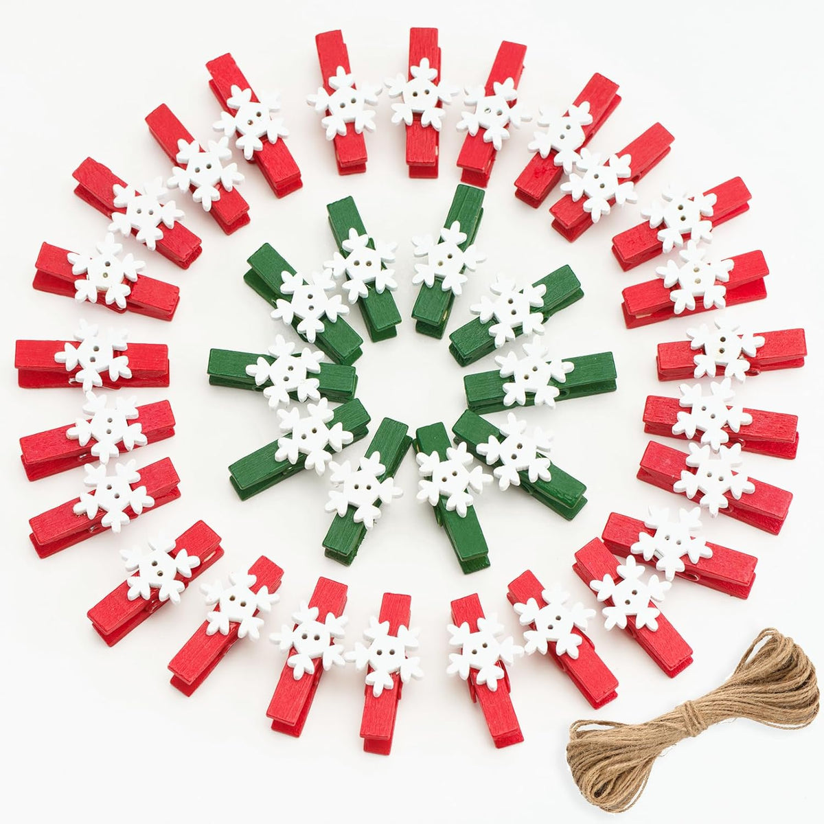 50 Pcs Christmas Clips Red Green Snowflake Christmas Wooden Clothespins with 32 Feet Jute Twine, Mini Wood Clothespins for Hanging Clip Photos Party Favors Home School Art Craft Decor