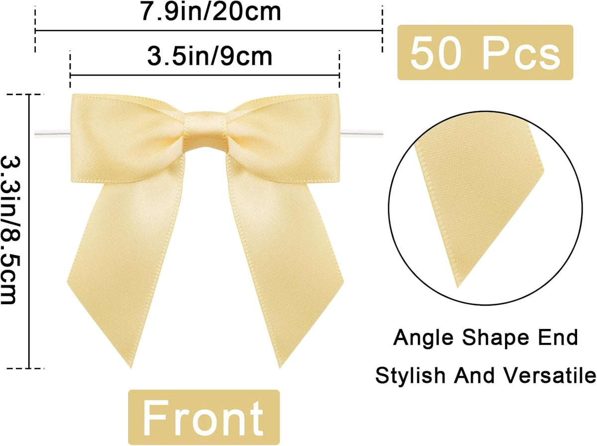 50Pcs Twist Tie Bows,3.5'' Champagne Gold Satin Ribbon Bows,Wedding Favor Ribbon Bows,Pre-Tied Champagne Gold Gift Bows for Gift Wrapping Treat Bag Present Craft Birthday Party Bridal Shower