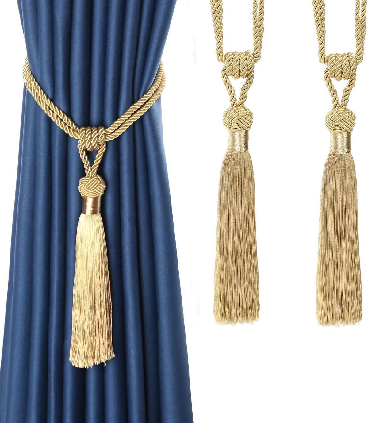 Curtain Tiebacks Hand-Woven Holdbacks Home Decorative Tassels Tiebacks (Gold, 2 Pack)