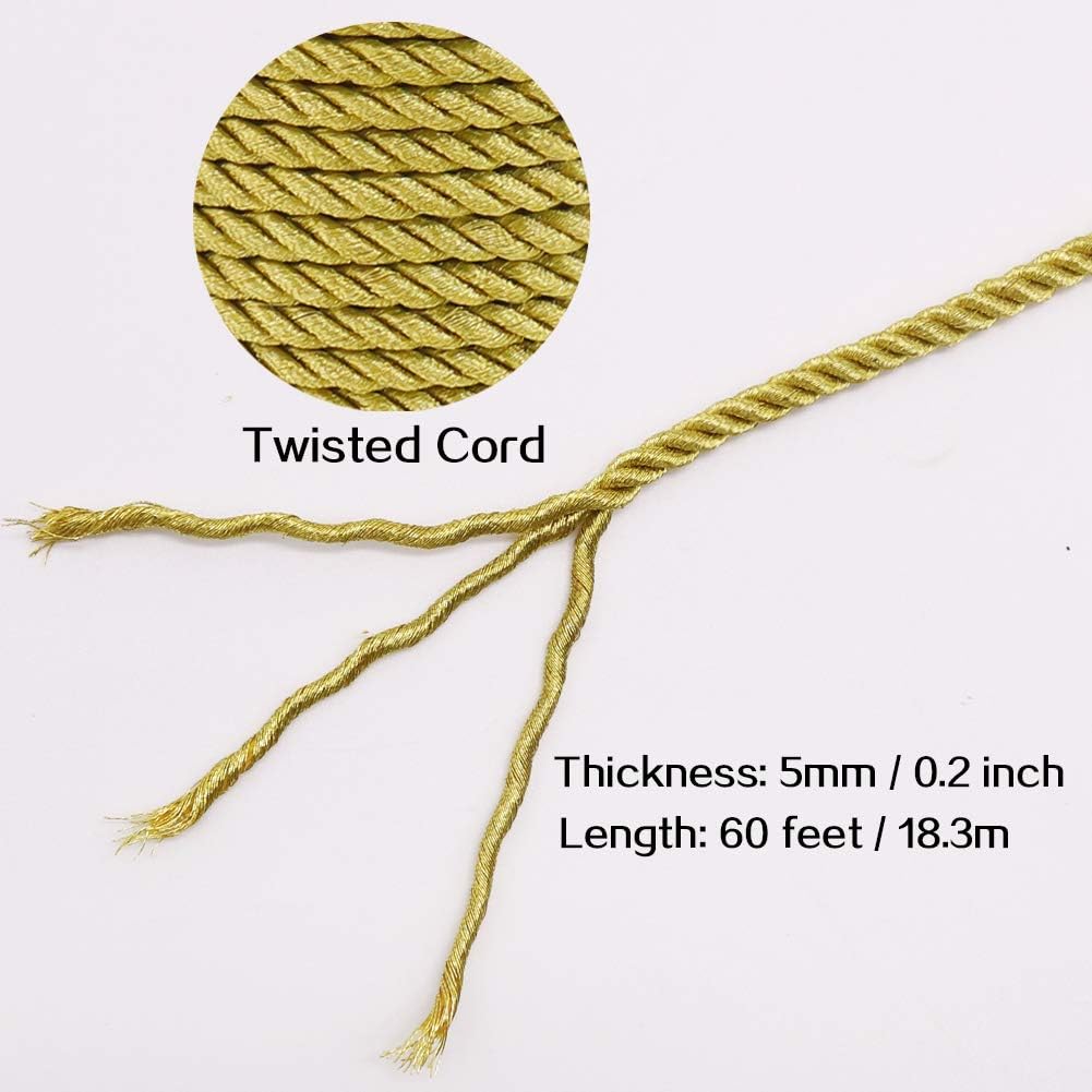 5mm Twisted Cord Trim, 59 Feet Gold Decorative Rope for Curtain Tieback, Upholstery, Honor Cord, Home Decor
