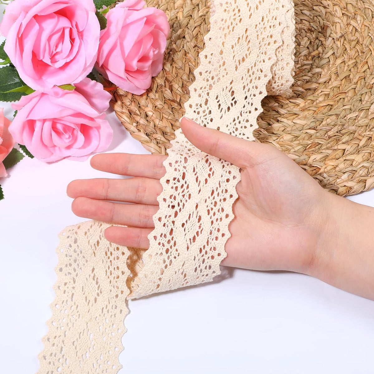 Beige Cotton Lace Trim, 5 Yards Vintage Crochet Lace Trim Ribbon Fabric Applique for Sewing, Wedding Decoration, Gift Wrapping, Christmas Package, Scrapbooking DIY Crafts (2.2" Wide)