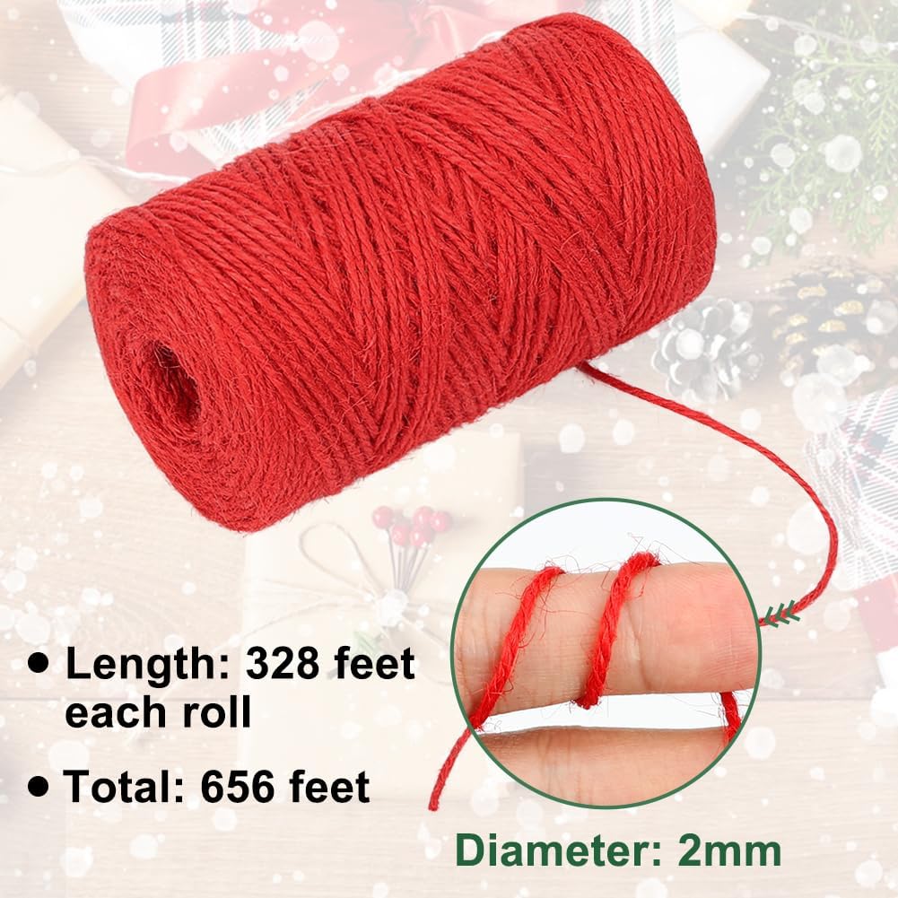 Red Green Jute Twine, 328 Feet x 2 Rolls 2mm Colored Christmas Twine String for Gift Wrapping, Holiday Decorations, Bundling, Gardening, DIY Crafts