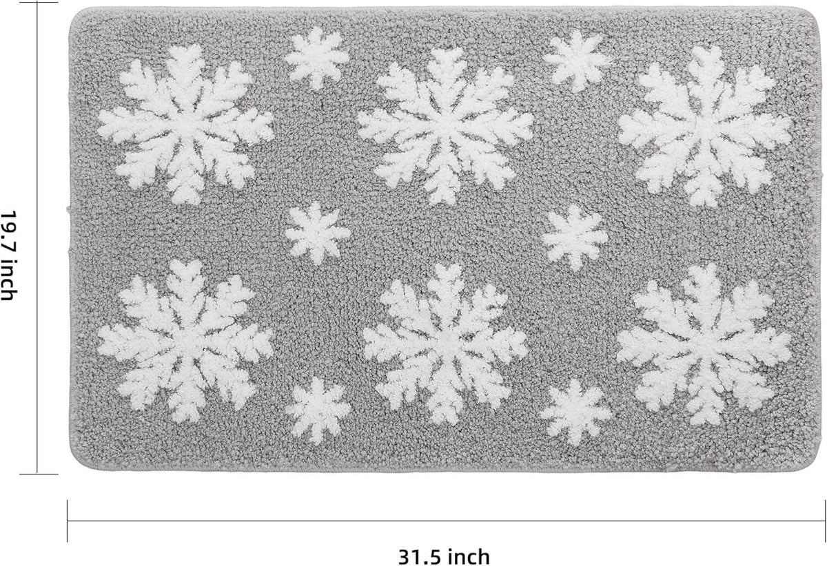 Christmas Grey Snowflake Bath Mat for Bathroom - Cute Absorbent Washable Bathroom Rugs with Non Slip Backing - Fun Snowflake Bathroom Mat for Christmas Decorations