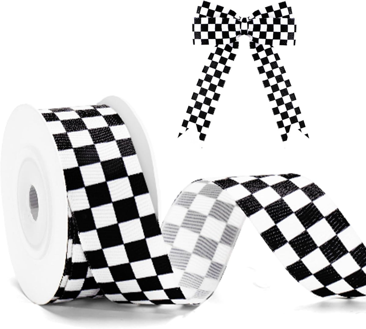 Black and White Checkered Ribbon - Racing Car Theme Black Grosgrain Buffalo Plaid Ribbon for Gift Wrapping, 1 in x 10 Yds White Gingham Ribbons for Crafts, Wreath, and Racing Cakes Decor