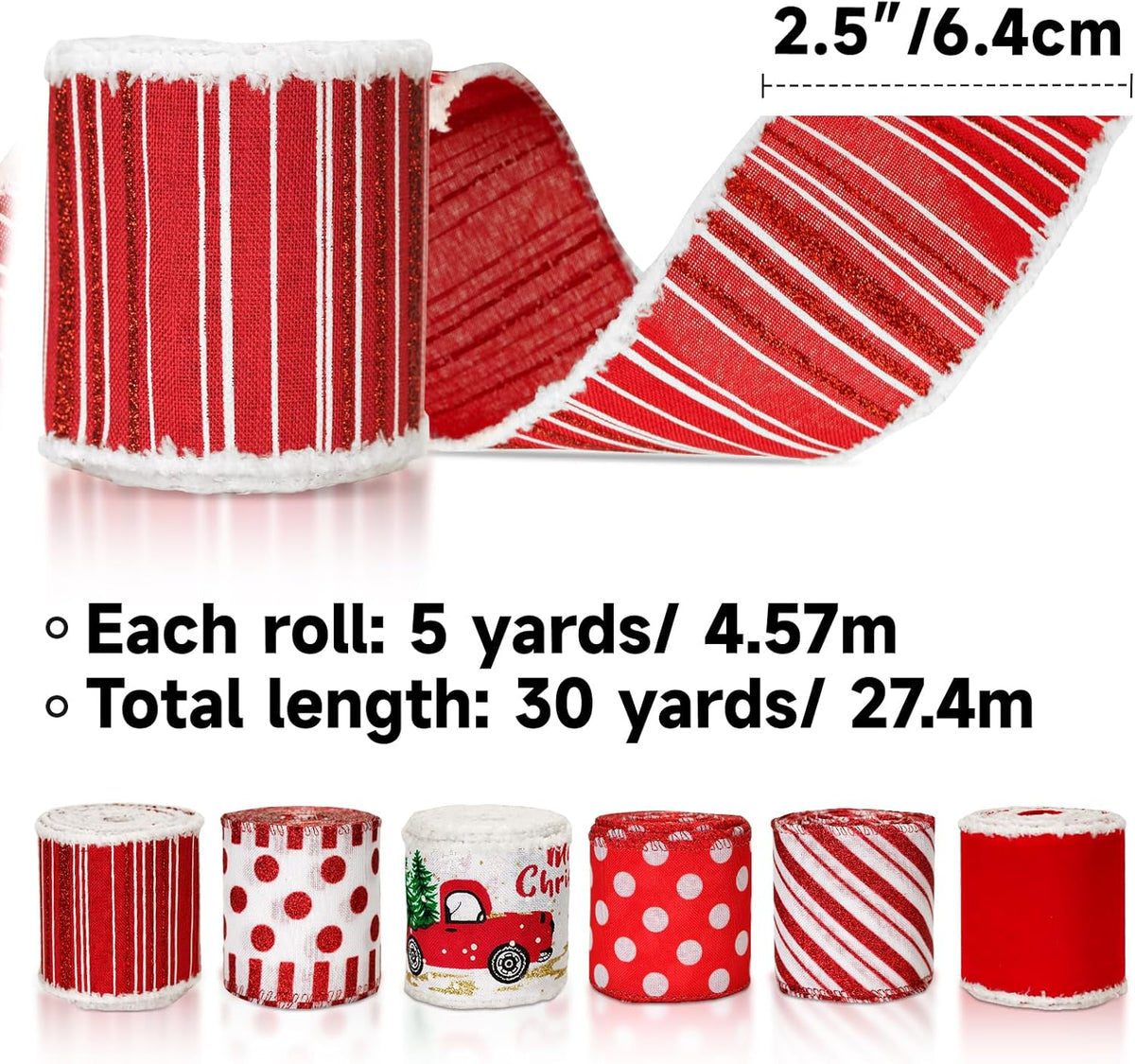 Christmas Ribbon Wired 2.5" x 30 Yards Red and White Ribbon for Christmas Tree Ribbon 6 Rolls Red White Wired Candy Cane Ribbons for Crafts Gift Wrapping Wreath Holiday Decor