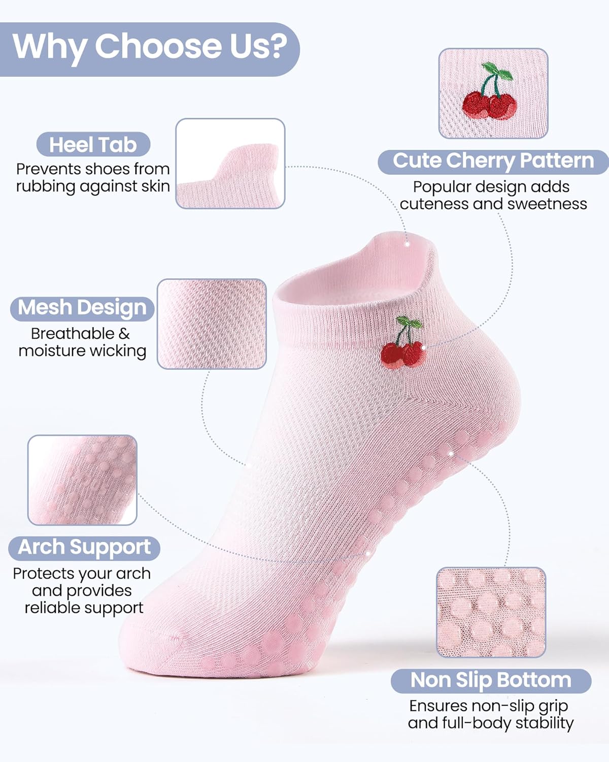 6 Pairs Grip Pilates Socks for Women, Grippy Non Slip Yoga Socks, Cute Cherry Grip Socks for Barre, Hospital, Athletic, Barefoot and Workout