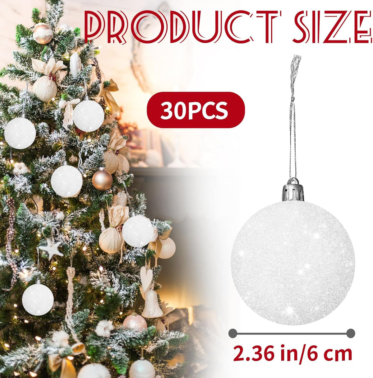 30 Pcs 2.36 Inch White Snowball Ornament,Christmas White Sparkly Ball Ornament,Christmas Tree Ball Decorations for Winter Theme Valentines Party,Holiday,Wreath