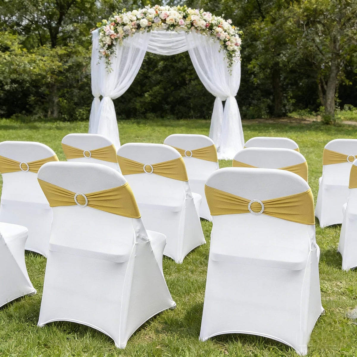 Spandex Chair Sashes Bands 50PCS Stretch Chair Ties Bows with Buckle Slider for Wedding Party Banquet Decoration (Gold)…