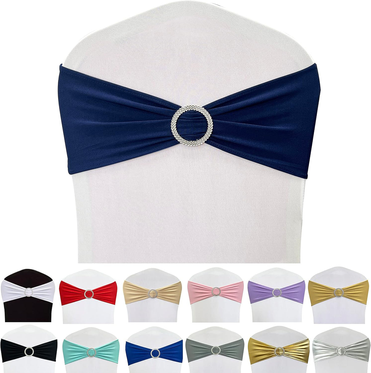 Spandex Chair Sashes Bands 50PCS Stretch Chair Ties Bows with Buckle Slider for Wedding Party Banquet Decoration (Navy Blue)…