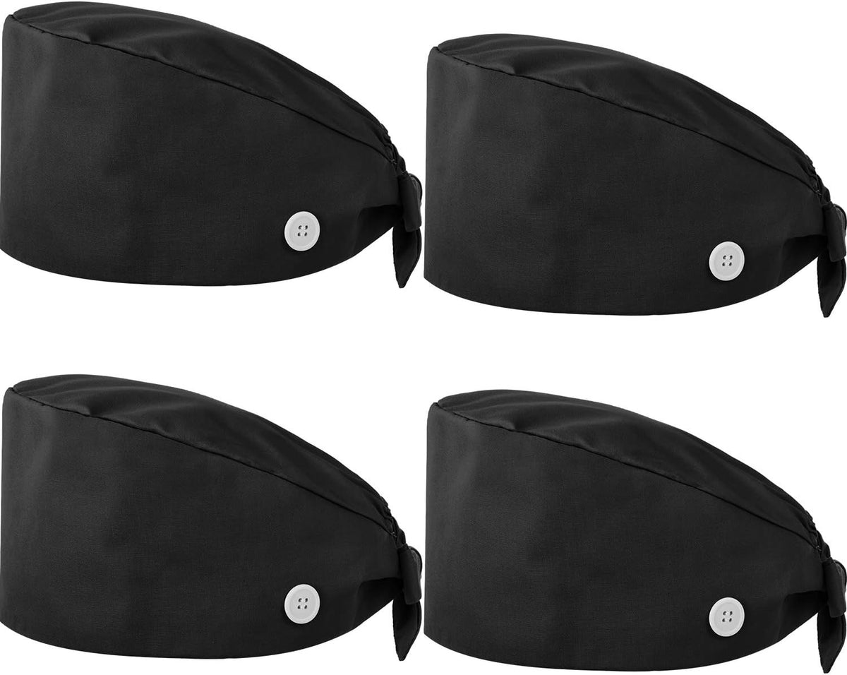 4 Pieces Bouffant Scrub Caps Adjustable Button Sweatband Hats Tie Back Hats for Women Men