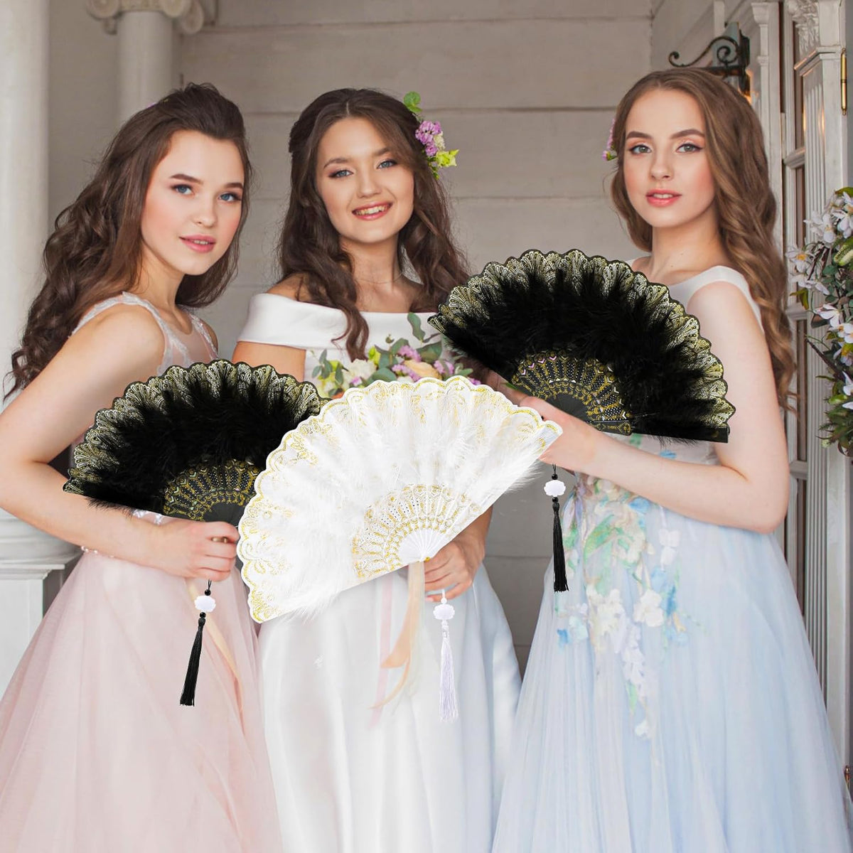 12 Sets Marabou Feather Fan Bulk 20s Folding Fan Wedding Party Favor Lace Vintage Embroidered Flapper Costume Women Dancing Party (White,Black)