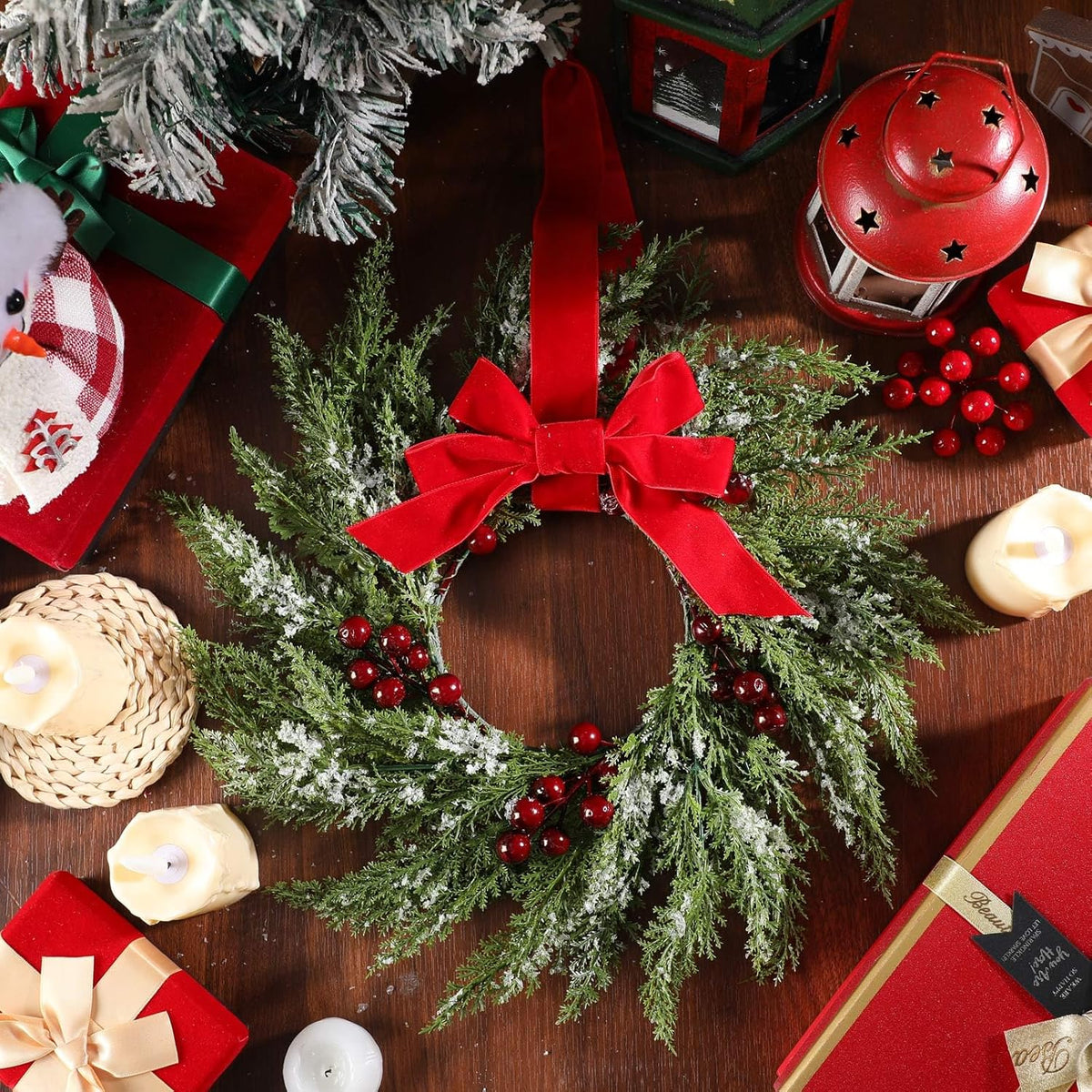 6 Pcs Small Christmas Norfolk Wreaths 15 Inch Christmas Kitchen Cabinet Mini Wreath with Bow Ribbon Cedar Berry for Xmas Front Door Window Chair Fireplace Table Pillar Farmhouse